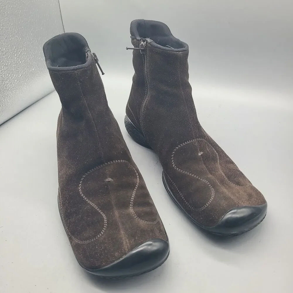 VTG Prada Sport Ankle Boots Women ITALY brown suede flat zip 4459 39.5 US 9.5 - Picture 2 of 15